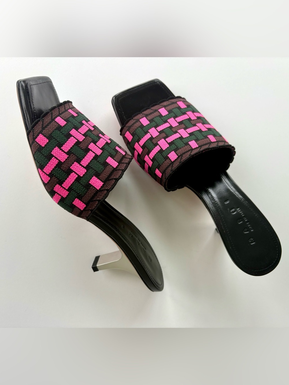 Marni Black Green Brown Pink Woven Italian Slide Mules Silver Heel Size 8 Luxury
